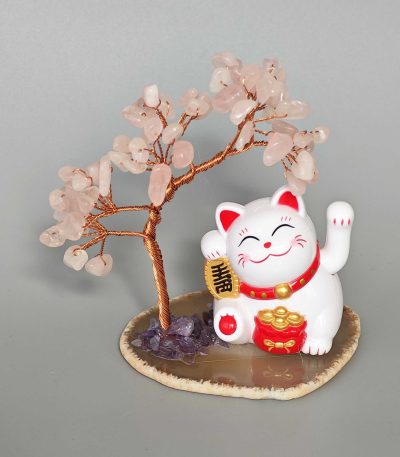 Rose Quartz Solar-Powered Lucky Cat Gems Tree 11cm A