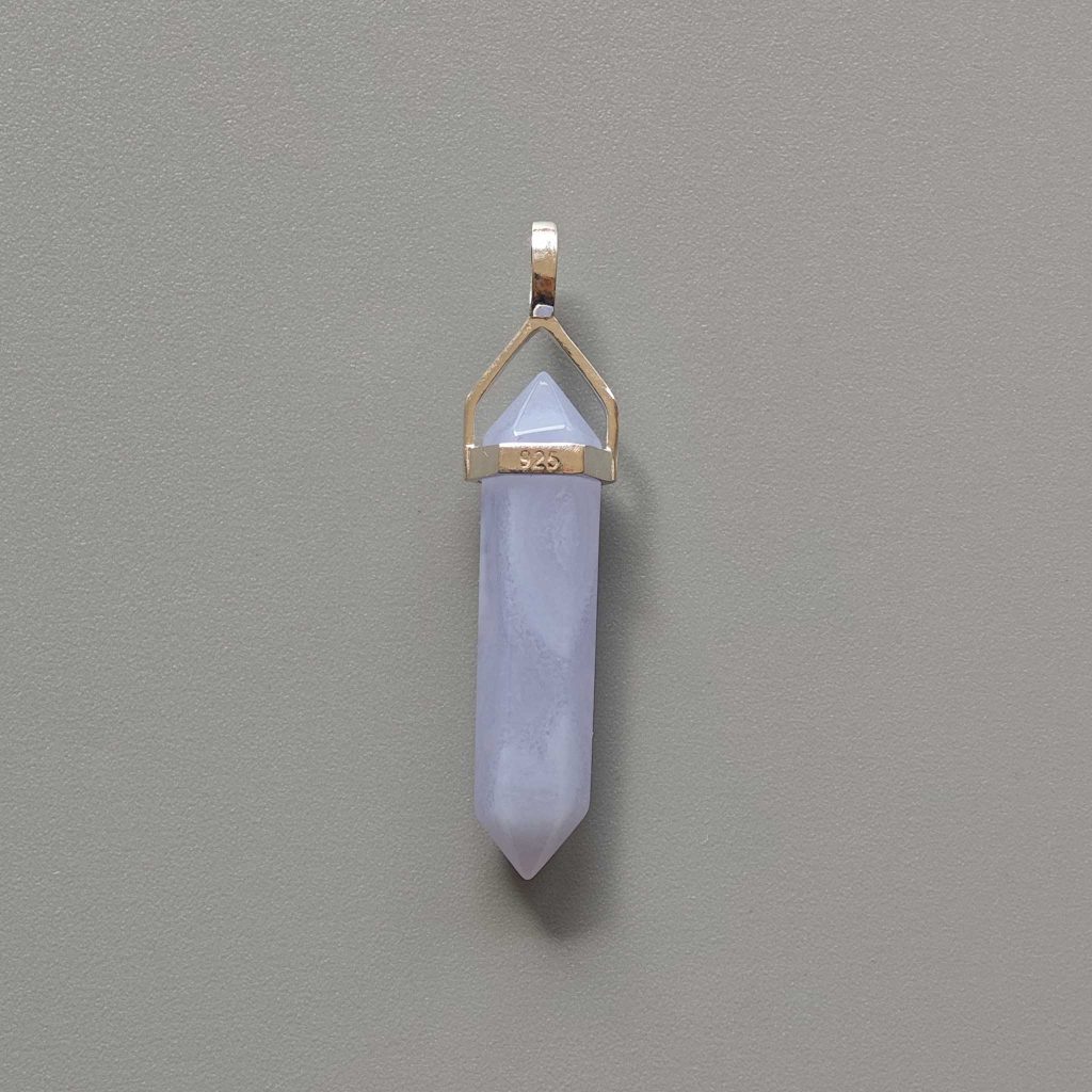 Blue Lace Agate Double Point Pendant With Silver 7x30mm A/A+