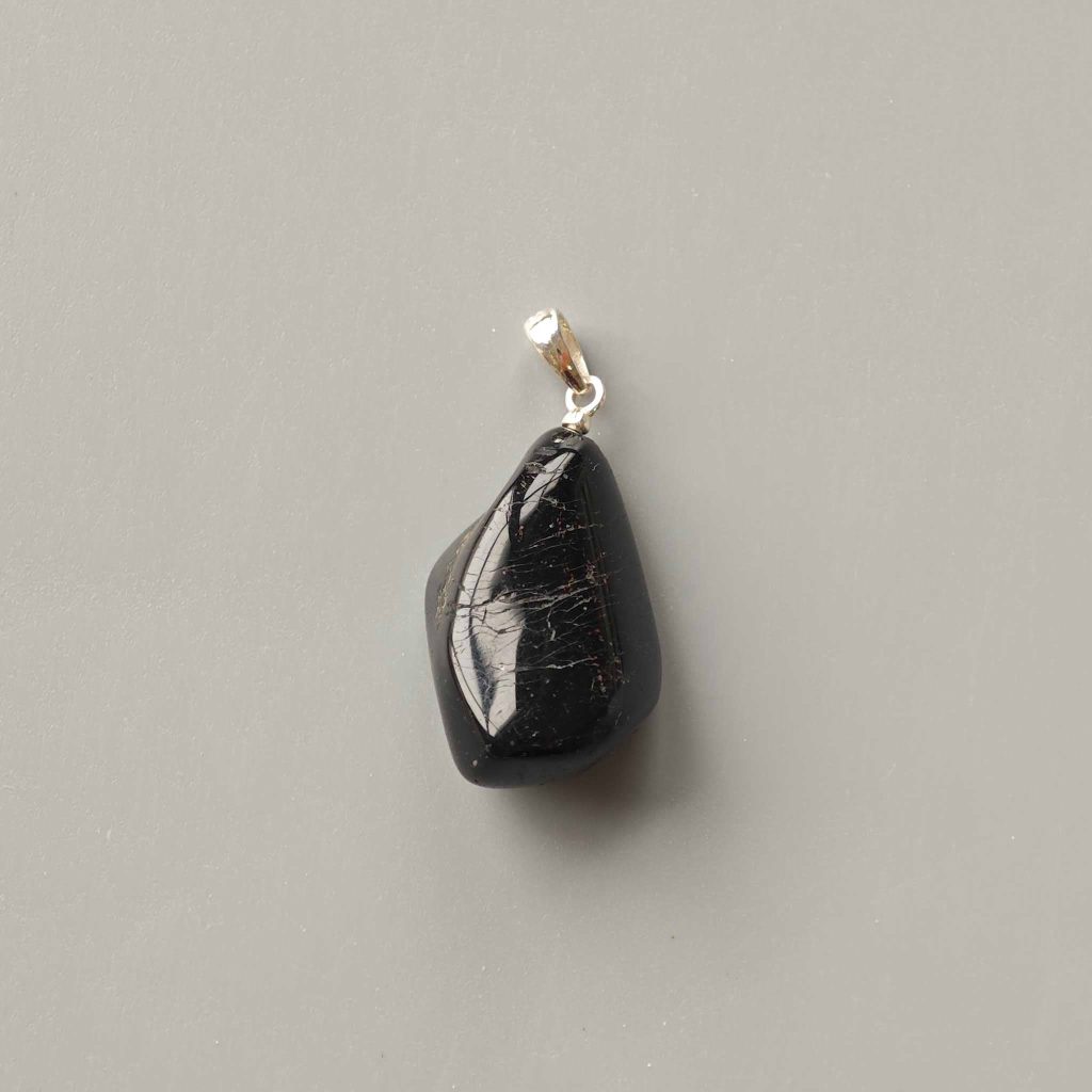 Black Tourmaline Free Form Tumble Pendant With Silver 18-25mm A