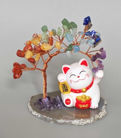 Mix Stone Solar-Powered Lucky Cat Gems Tree 11cm A