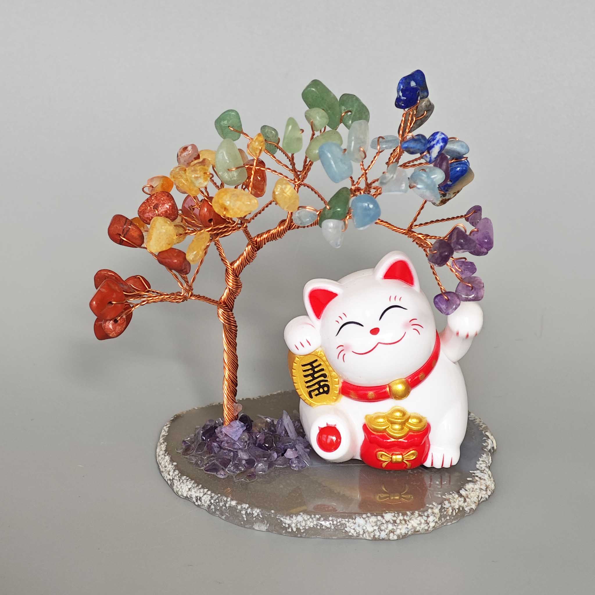 679fa366b188a48afeca35476448a763-1 Mix Stone Solar-Powered Lucky Cat Gems Tree 11cm A