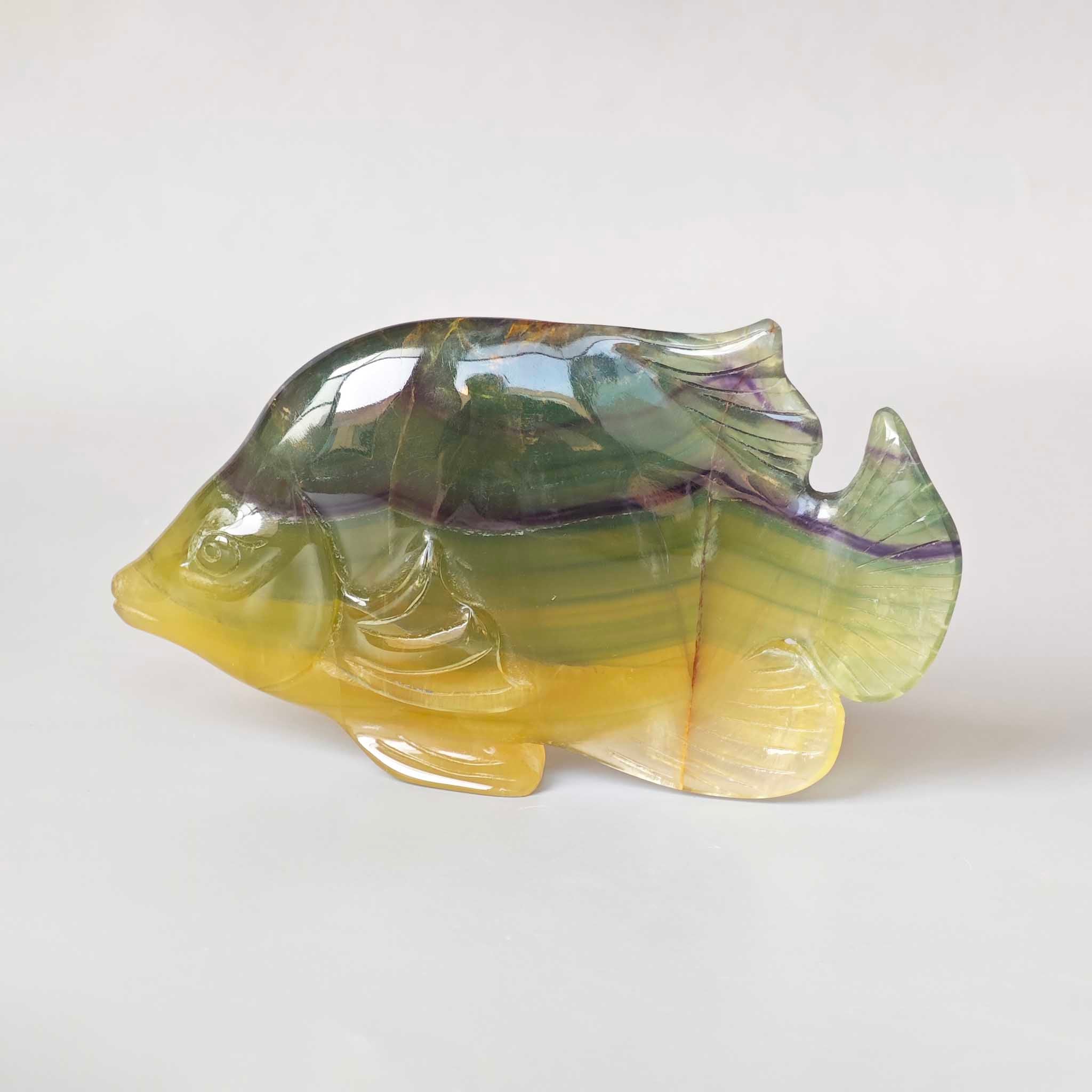 84522a48288c0a39d758ca1068ce8c4b-1 Fluorite Yellow & Green Fish Carving 4# 5inch (2.5x7x12.5cm) AA