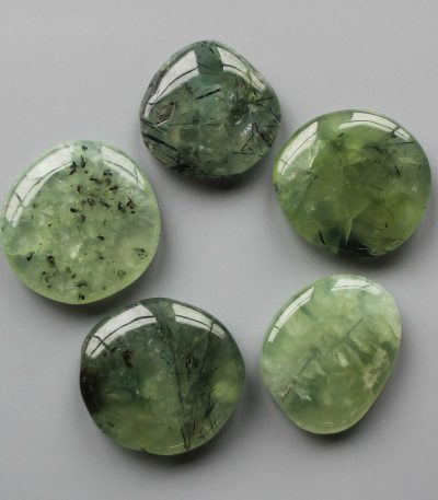 Epidote In Prehnite With Black Tourmaline Smooth Stone 1.6 inch (0.8-1 x 3.5-4.5cm) A+/AA