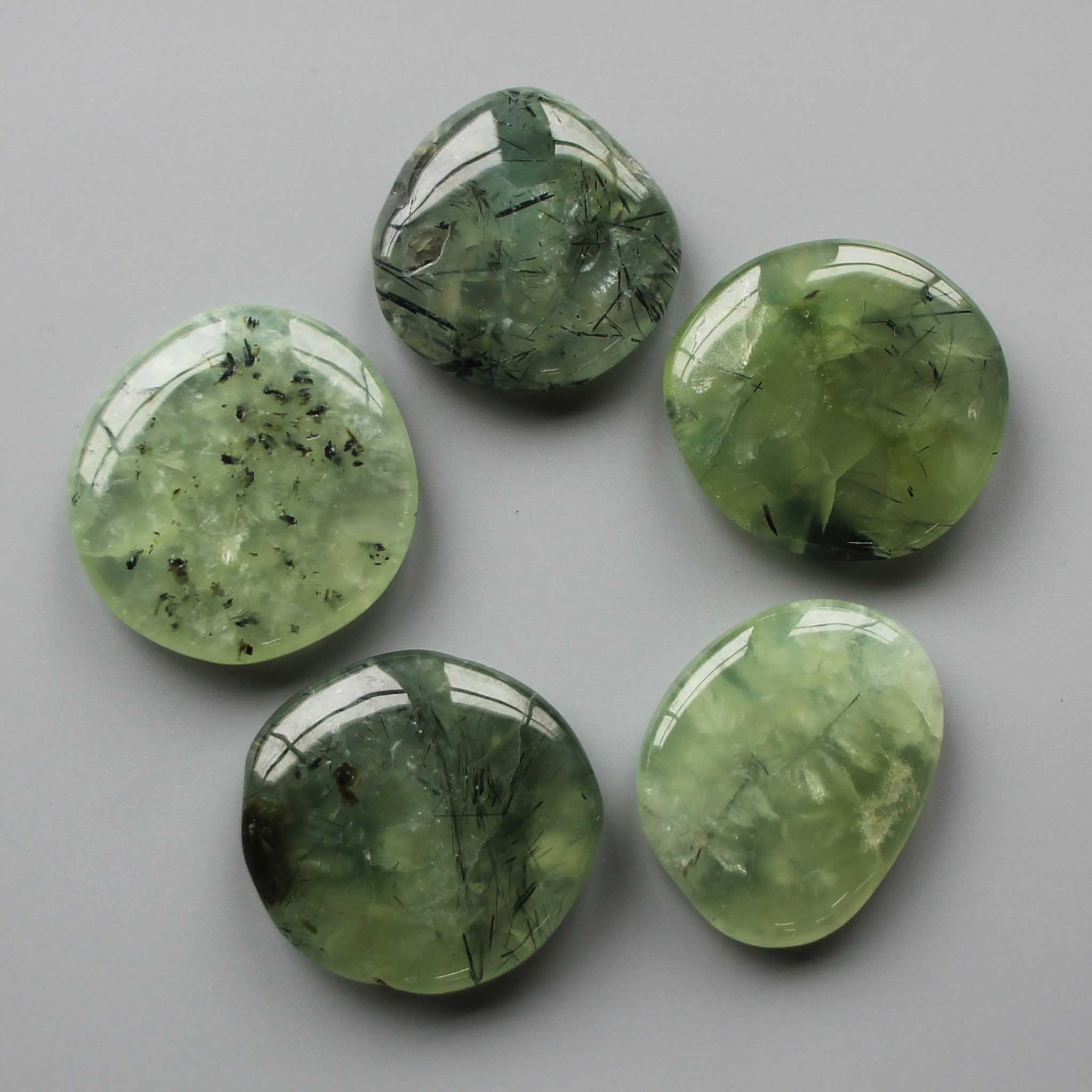 874862eb08c873e4349122409566774a-1 Epidote In Prehnite With Black Tourmaline Smooth Stone 1.6 inch (0.8-1 x 3.5-4.5cm) A+/AA