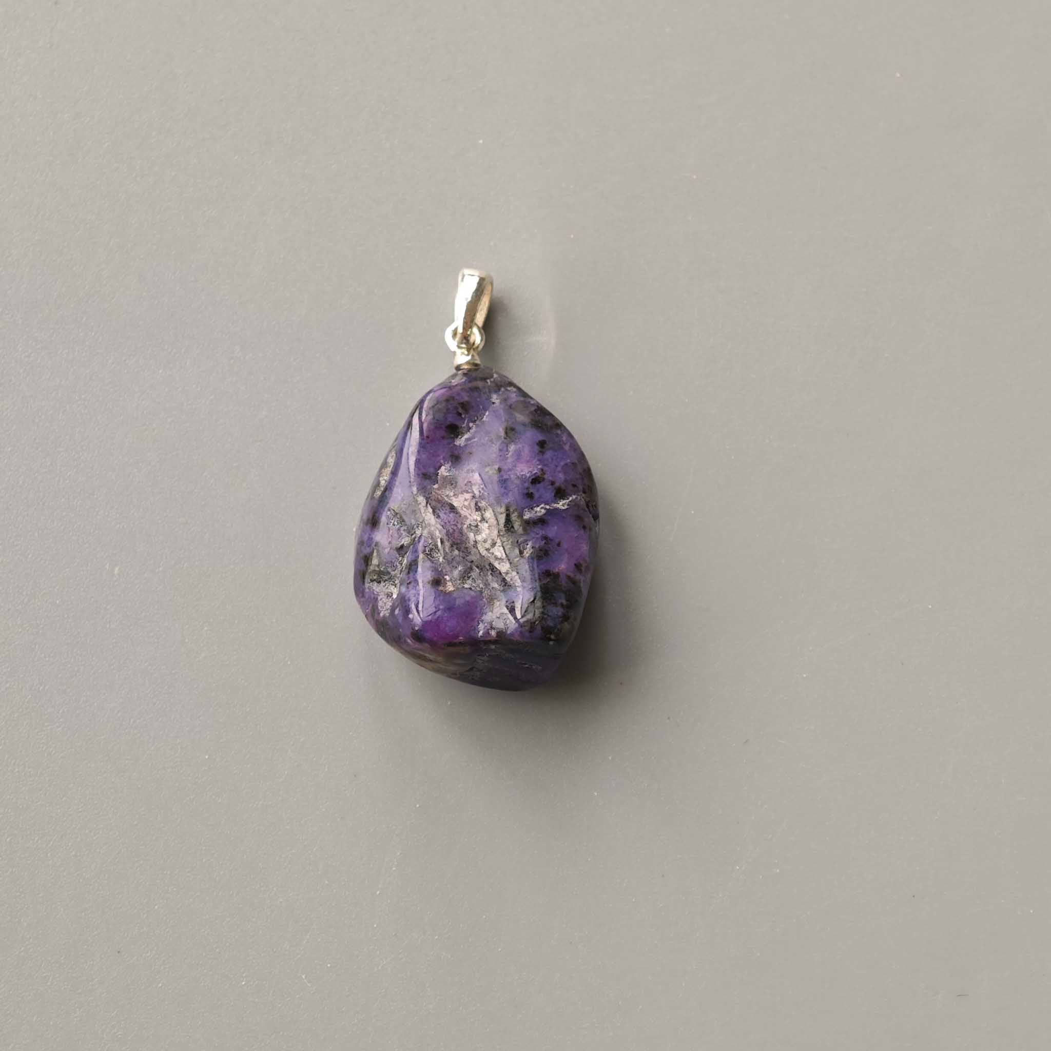 409b9fddeec806f4214b15c569226145-1 Charoite Free Form Tumble Pendant With Silver 18-25mm A