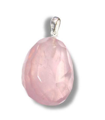 Rose Quartz Faceted tumble pendant with silver 25-30mm A/A+