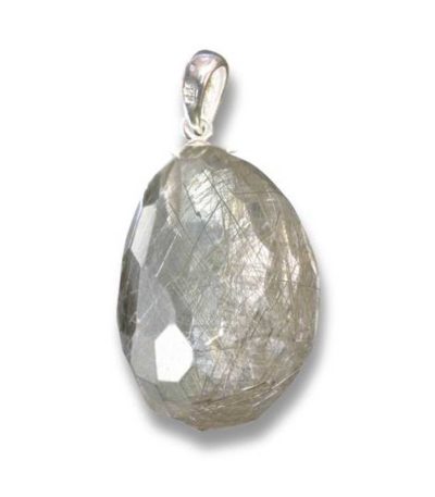 Silver Rutile Quartz Faceted tumble pendant with silver 25-30mm A/A+