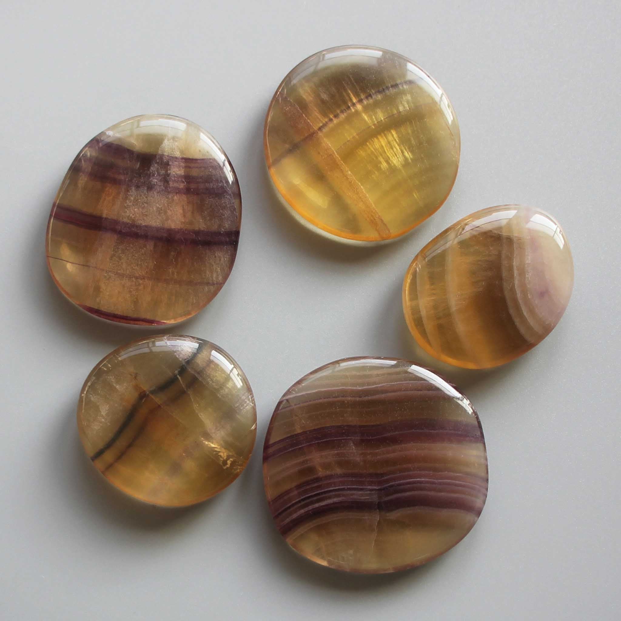 9767abbb349e0818ede8ea9baa6f498e Yellow With Purple Stripe Fluorite Smooth Stone 1.6 inch (0.8-1 x 3.5-4.5cm) A/A+