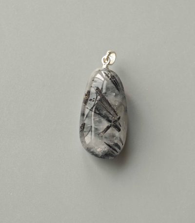 Black Rutile Quartz Free Form Tumble Pendant With Silver 18-25mm A+/AA