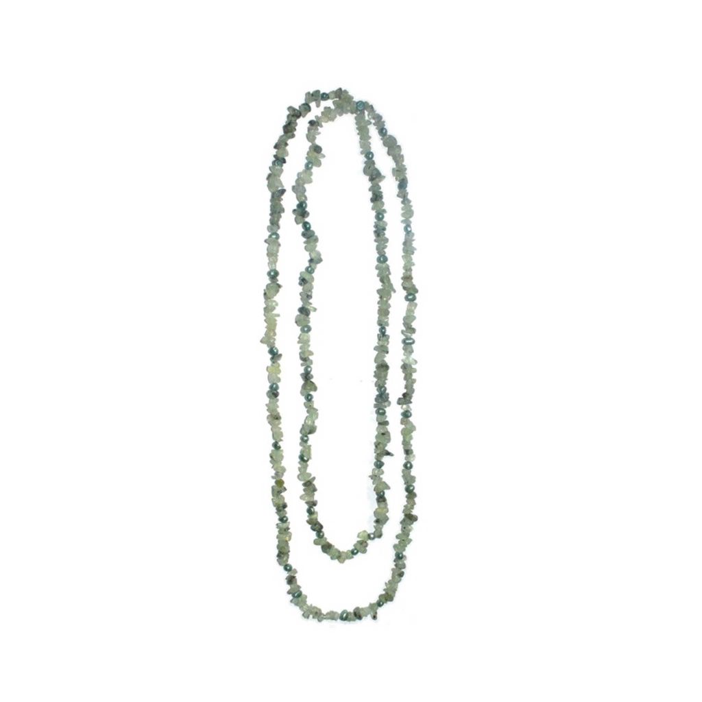 Epidote In Prehnite w/Tourmaline Chip & Pearl Necklace 13# 5/8mm,60" A