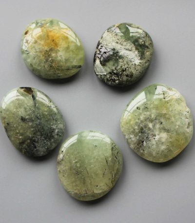 Epidote In Prehnite With Black Tourmaline Smooth Stone 1.6 inch (0.8-1 x 3.5-4.5cm) A/B