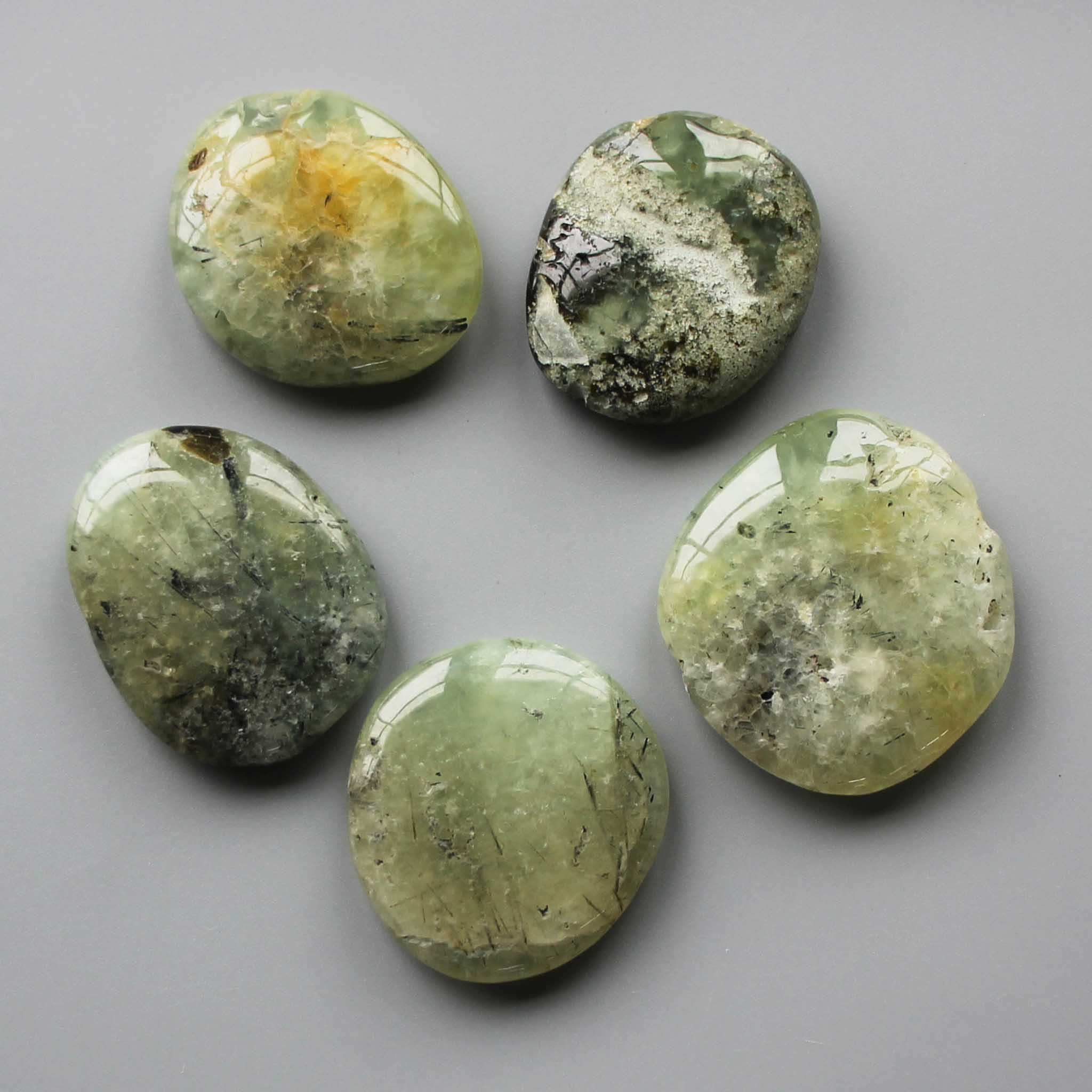 c60763a813494e6c54619da643644d04 Epidote In Prehnite With Black Tourmaline Smooth Stone 1.6 inch (0.8-1 x 3.5-4.5cm) A/B