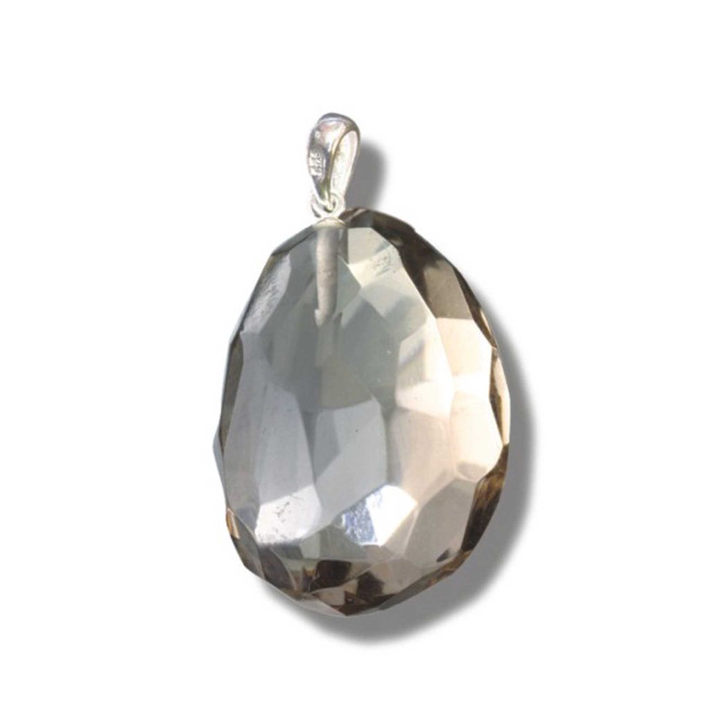 Smoky Quartz Faceted tumble pendant with silver 30-40mm A+