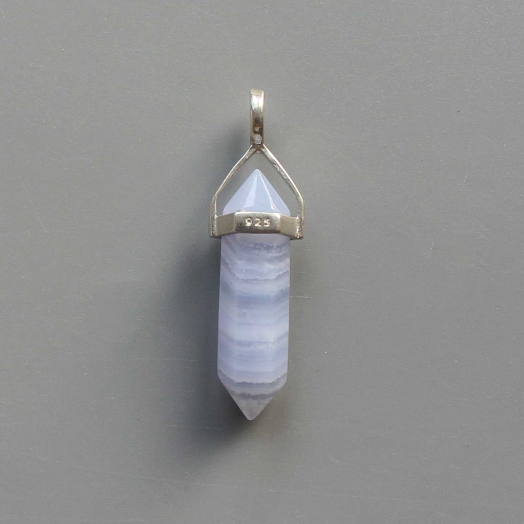 Blue Lace Agate Double Point Pendant With Silver 7x22mm A/A+