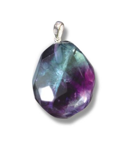 Rainbow Fluorite Faceted tumble pendant with silver 25-30mm A/A+