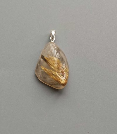 Gold Rutile Quartz Free Form Tumble Pendant With Silver 18-25mm A+/AA