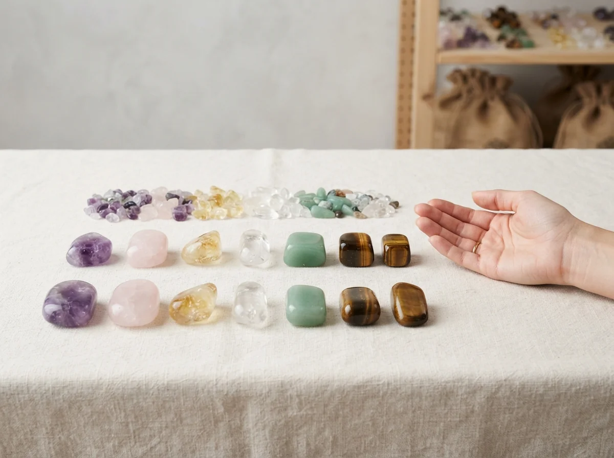 wholesale tumbled stones多形式並排:tumbled stones vs chips vs palm stones 尺寸對比