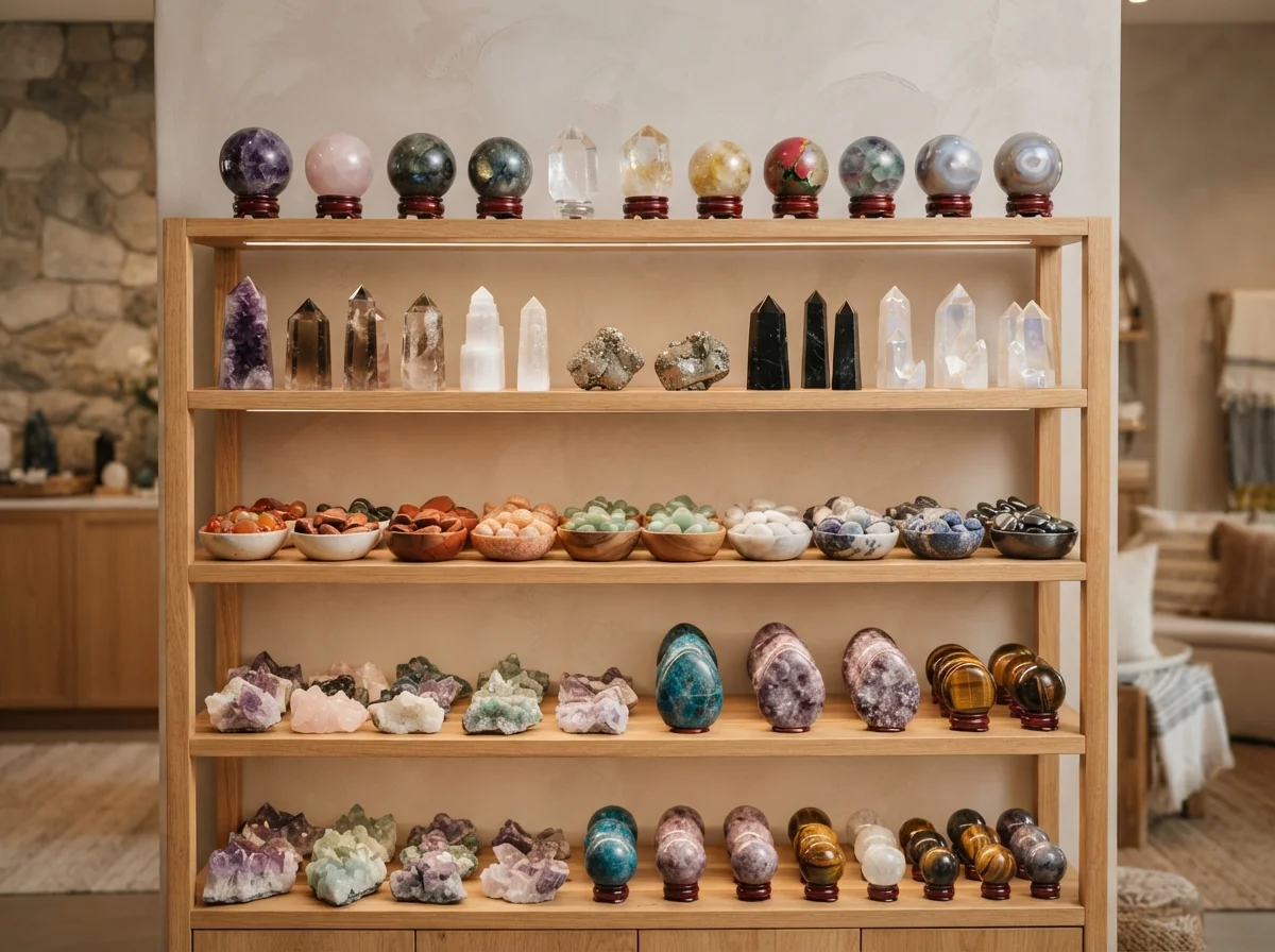 how to display crystals in a retail shop - tiered shelves with spheres and towers