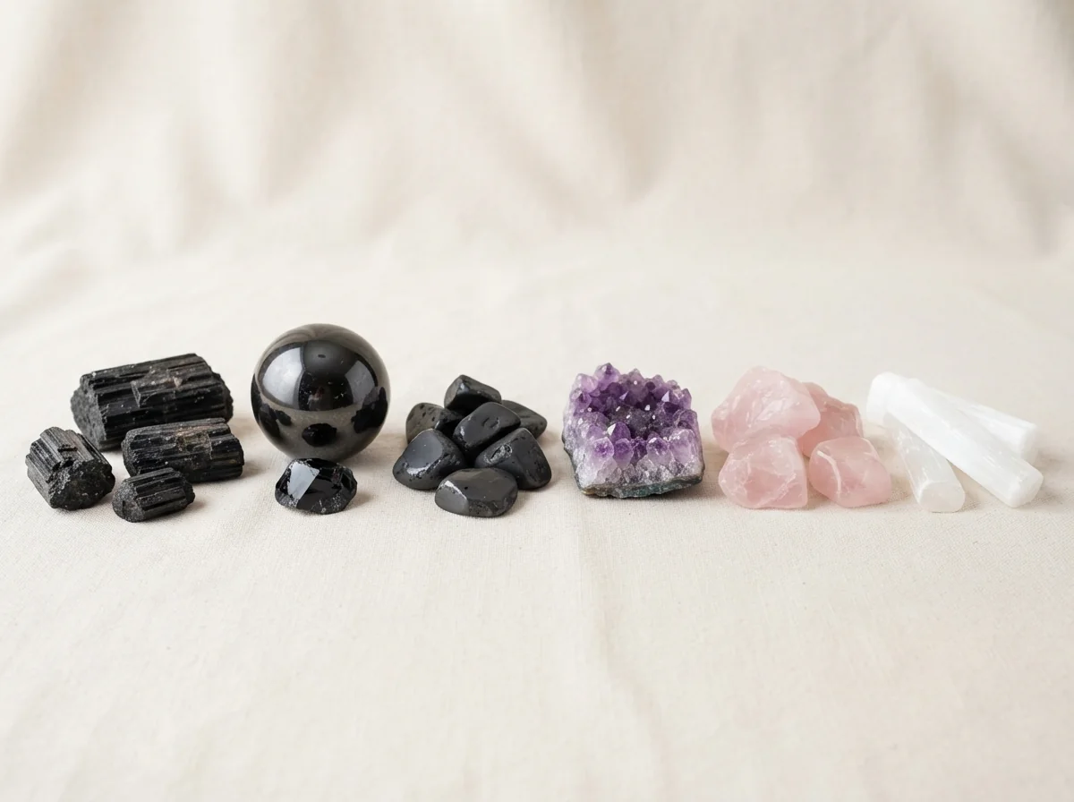 crystals for protection and healing - black tourmaline obsidian shungite amethyst rose quartz selenite